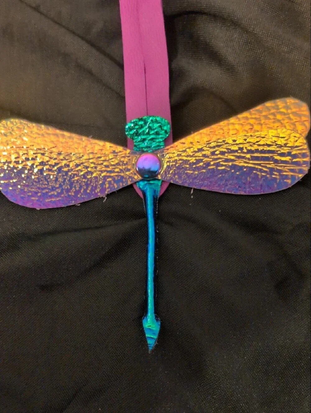 Hand Made Leather Iridescent Dragonfly Bag Charm — Purple Accent